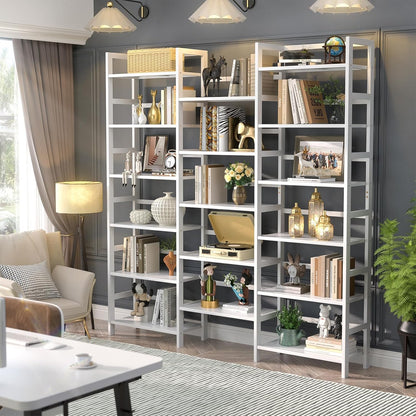 Bamboo Triple Wide Shallow Bookshelves and Bookcases, 6-Tier 6Ft Tall Bookshelf with 17 Open Display Shelves, Super Large Freestanding Book Shelf for Home Office, Bedroom, Living Room, White