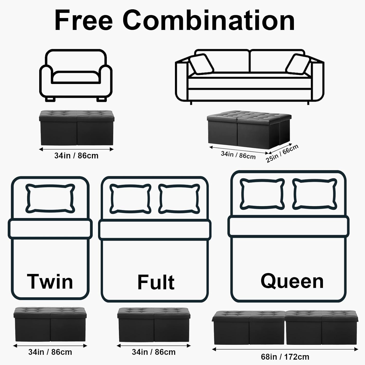 Footrest Ottoman Bench with Storage,34Inch Black Leather Footstool, Coffee Table, Padded Seat, Storage Chest,Blanket Store with Flipping Lid for Livingroom and Bedroom