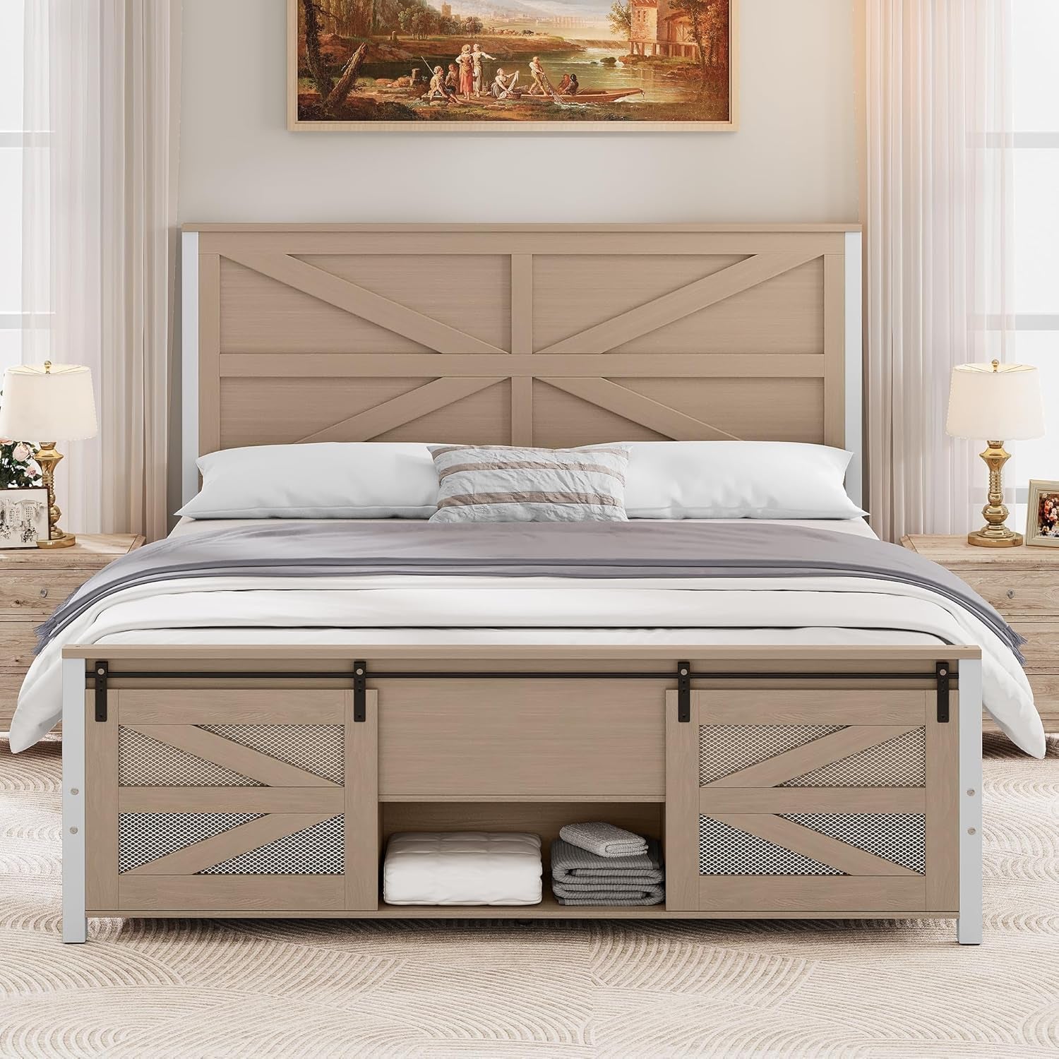 Queen Size Farmhouse Bed Frame with Sliding Barn Door Storage Cabinets, Platform Bed Frame with 47.2" Headboard, Solid Metal Slats Support, Noiseless, No Box Spring Needed, Oak