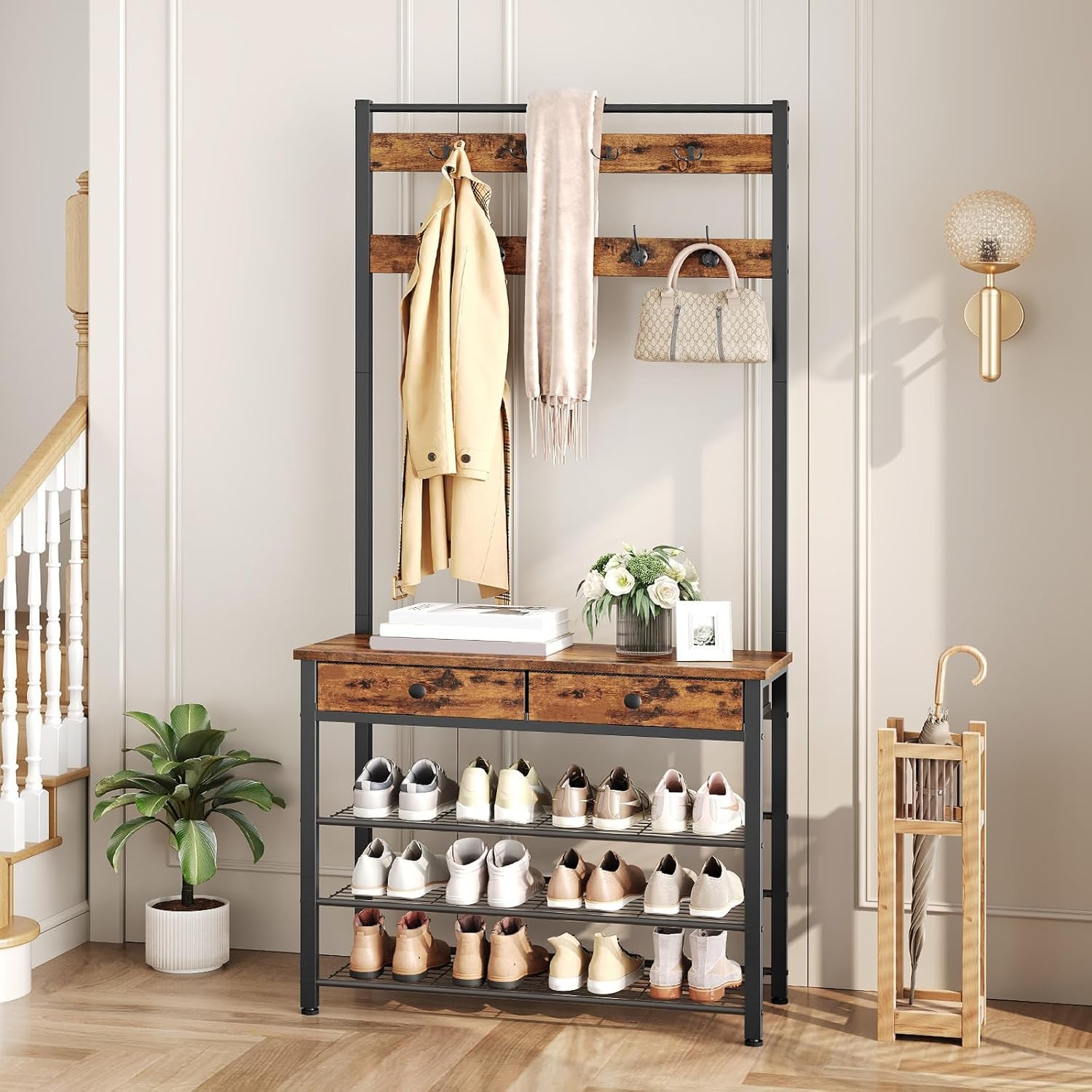 Hall Tree, Entryway Coat and Shoe Rack, 2 Fabric Drawers, Hall Tree with Bench, Shoe and Coat Rack, Coat Rack with Shoe Storage, 4 Tier Shoe Organizer, 9 Hooks, Rustic Brown and Black BF81MT01