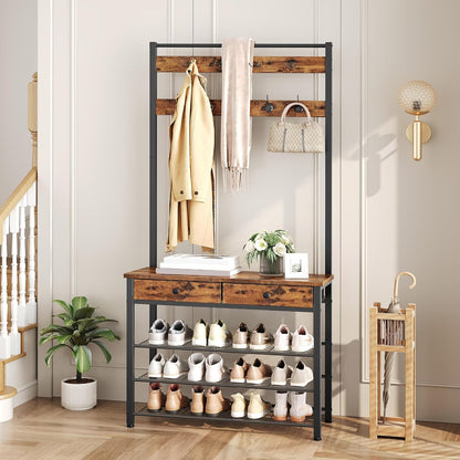 Hall Tree, Entryway Coat and Shoe Rack, 2 Fabric Drawers, Hall Tree with Bench, Shoe and Coat Rack, Coat Rack with Shoe Storage, 4 Tier Shoe Organizer, 9 Hooks, Rustic Brown and Black BF81MT01