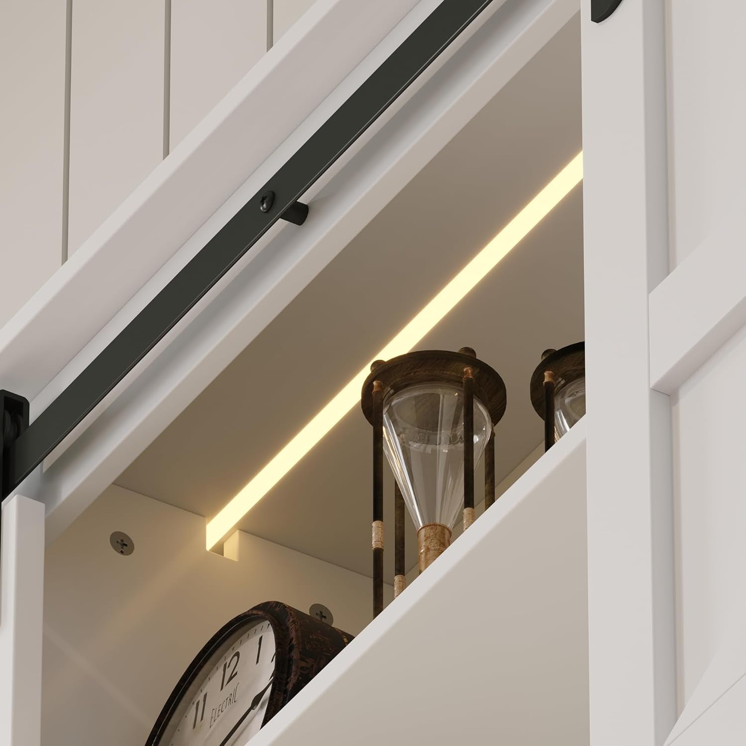 Queen Farmhouse Bed Frame with Charging Station, LED Lights, Storage Headboard & Footboard, Platform Bed Frame with 4 Rolling Drawers & Sliding Barn Door, No Box Spring Needed, White