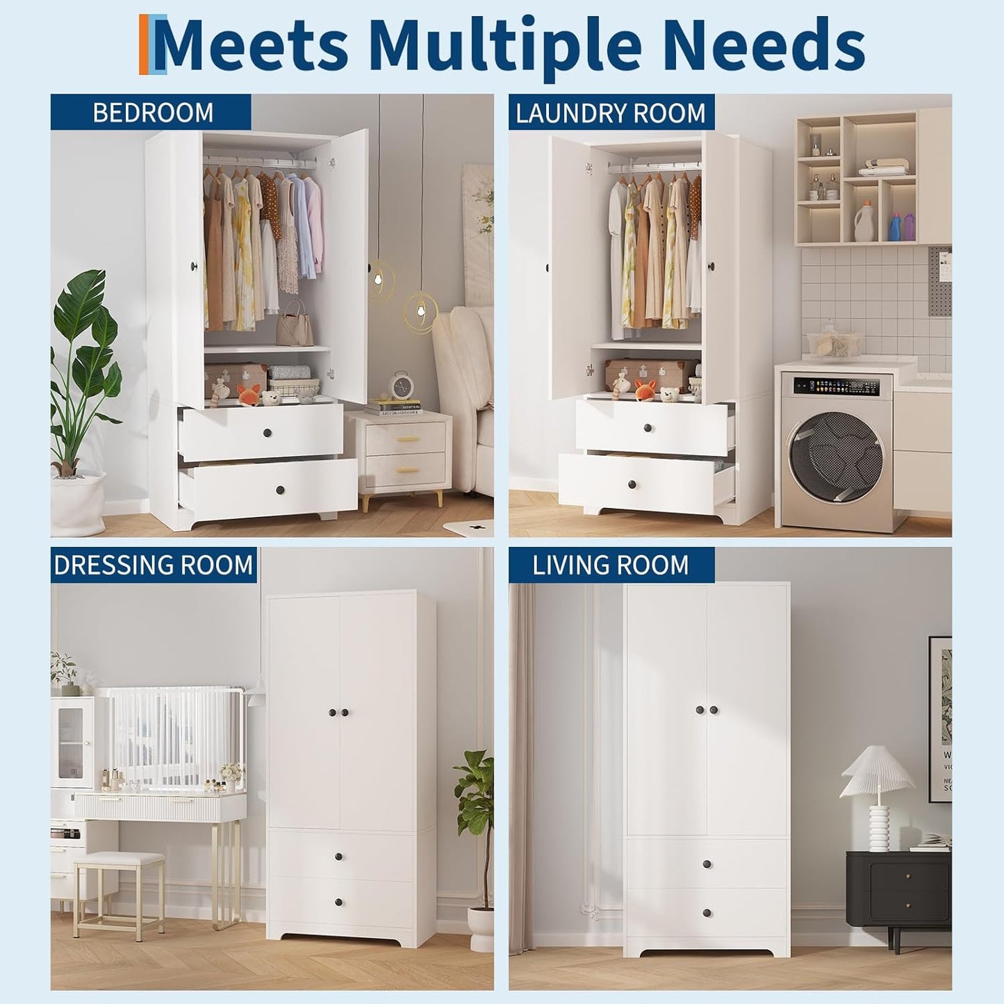 71" Armoire Wardrobe Closet, Modern Wooden Bedroom Armoire with 2 Drawers & 2 Doors and Adjustable Shelves，Clothing Storage Cabinet with Aluminum Hanging Rod, Locker