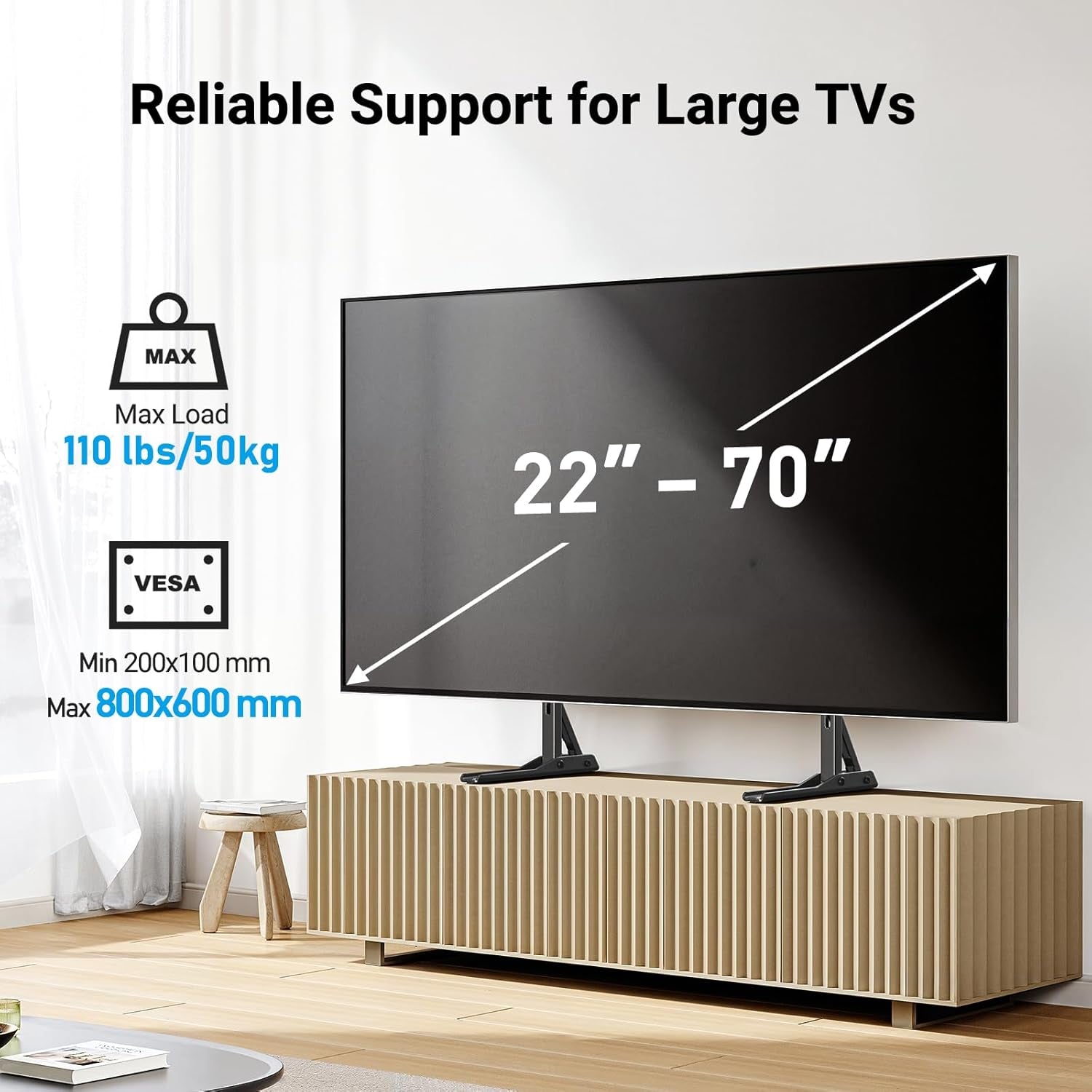 Universal TV Stand Mount for 22-70 Inch Tvs, Height Adjustable Table Top TV Stand, Great Load-Bearing Replacement TV Legs with Tempered Glass Holds up to 110Lbs, Max VESA 800 X 600Mm