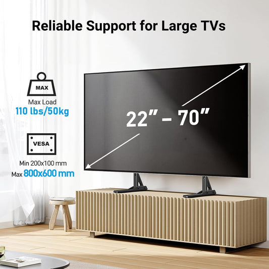 Universal TV Stand Mount for 22-70 Inch Tvs, Height Adjustable Table Top TV Stand, Great Load-Bearing Replacement TV Legs with Tempered Glass Holds up to 110Lbs, Max VESA 800 X 600Mm