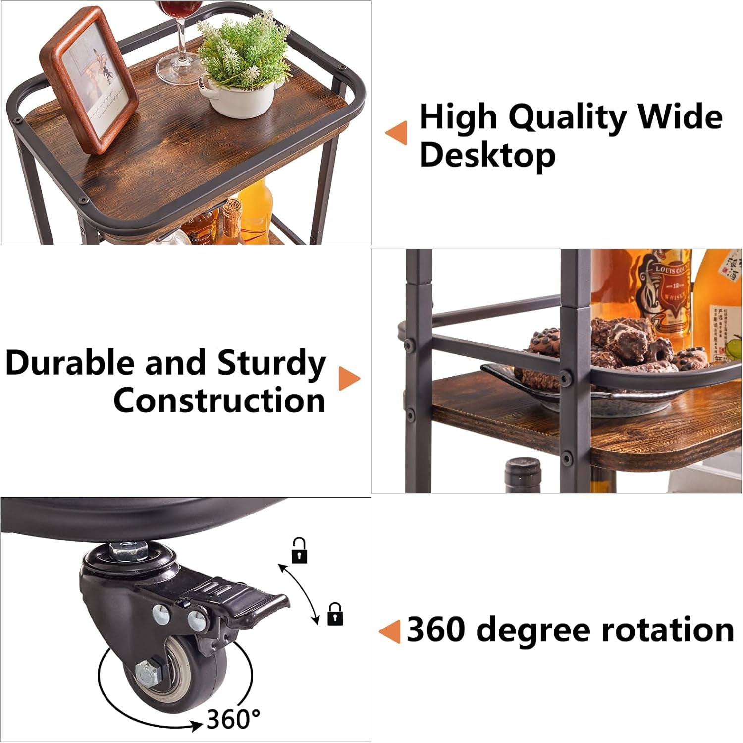 3-Tier Home Bar Serving Cart,Kitchen Storage Carts with Wheels,11.79X15.72X33.01 Inches,Rolling Mini Bar Cart for Home, Outdoor, Kitchen, Bedroom TMJ319H