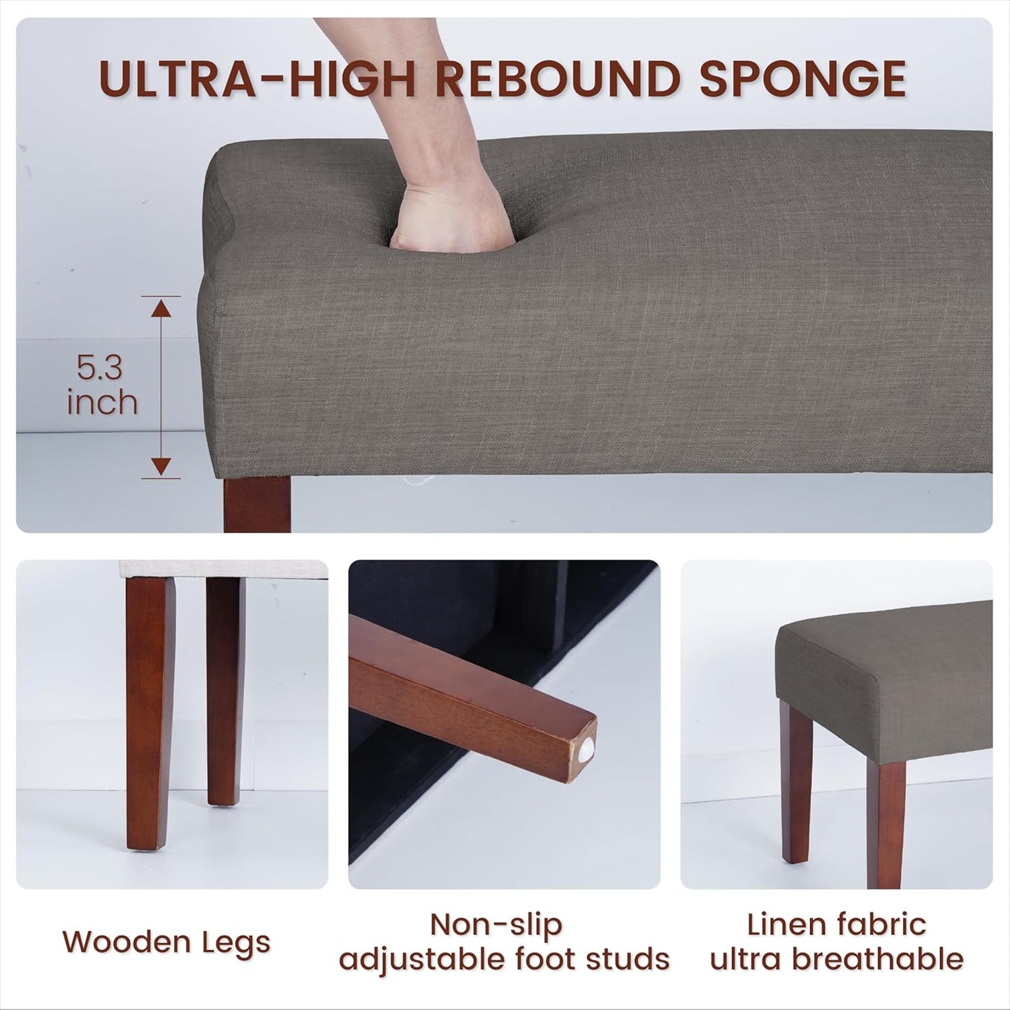 Bench for Bedroom End of Bed, 44 Inch Entryway Bench for Living Room, Dining Bench with Padded Seat and Solid Wood Leg for Kitchen, Indoor and Hallway (Brown)