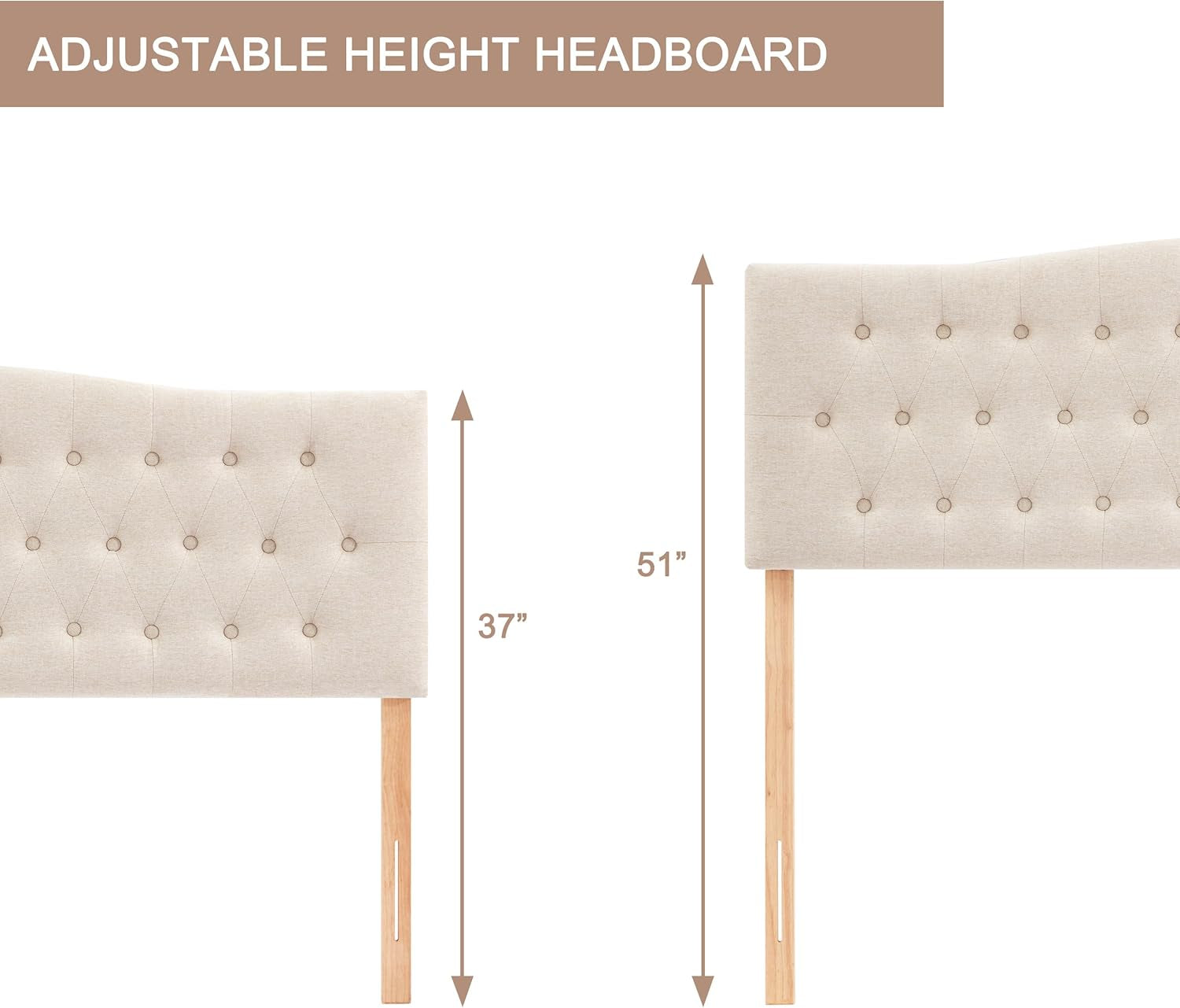 Tufted Upholstered Headboard Queen Size, Sturdy and Durable Solid Wood Bed Headboard, Fabric Headboard Adjustable Height from 37” to 51”, Modern Button Diamond Design Head Board, Beige