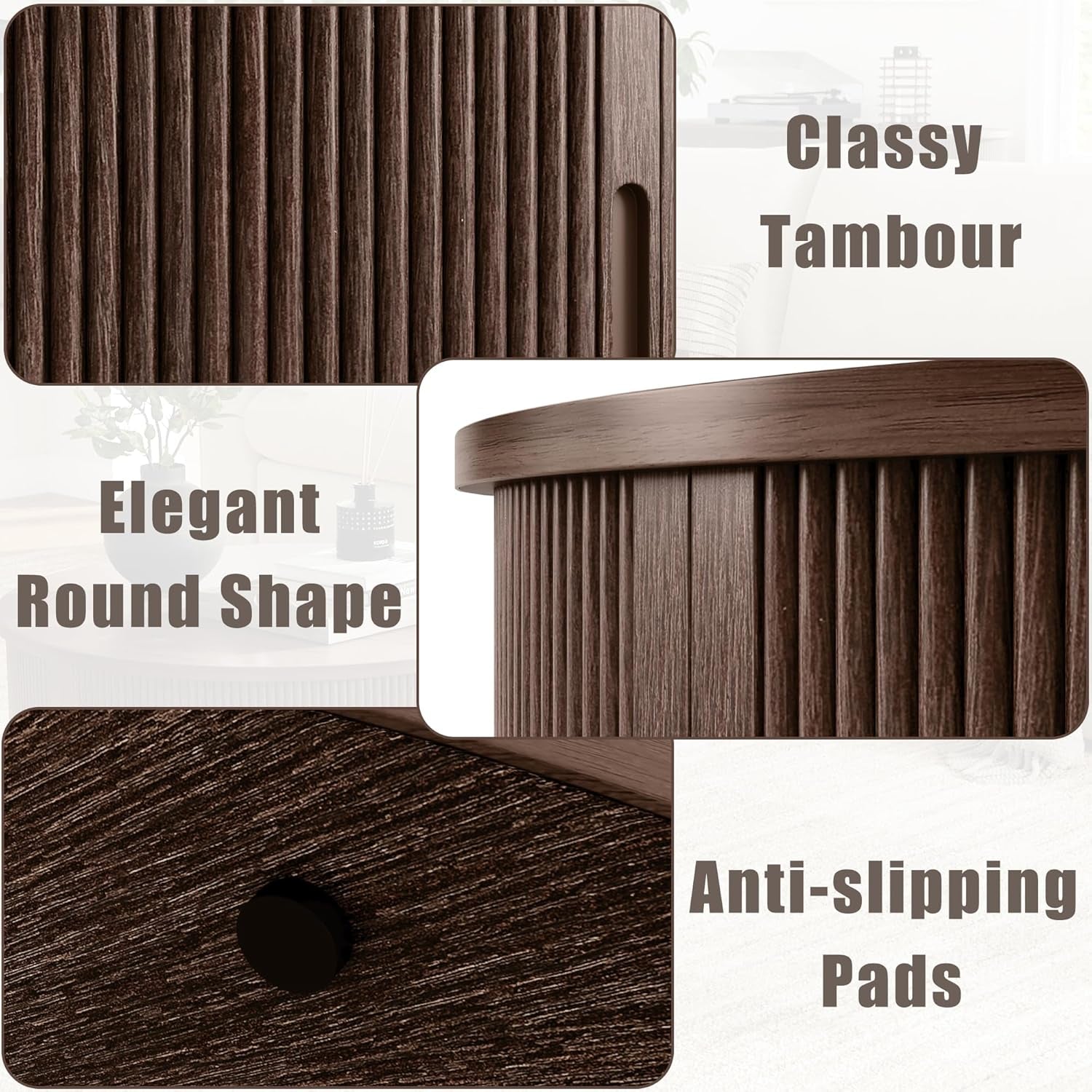 Oval Coffee Table, Wood Coffee Table with Storage, Fluted Accent Center Table with Sliding Tambour Door, 39" Mid Century Modern Coffee Tables for Living Room, Bedroom, Apartment, Walnut