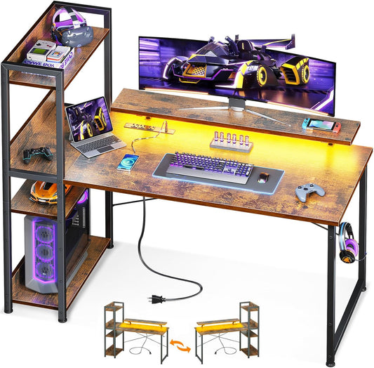Reversible Gaming Desk with Power Outlets and LED Lights, 48 Inch Computer Desk with Storage Shelves and Monitor Stand, Modern Writing Study Desk for Home Office, Rustic Brown