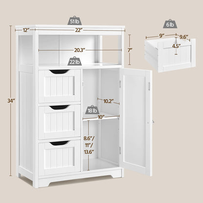 Bathroom Floor Cabinet Wooden Storage Organizer with 1 Door and 3 Drawers, Free-Standing Cupboard for Kitchen/Living Room/Bathroom Use, White