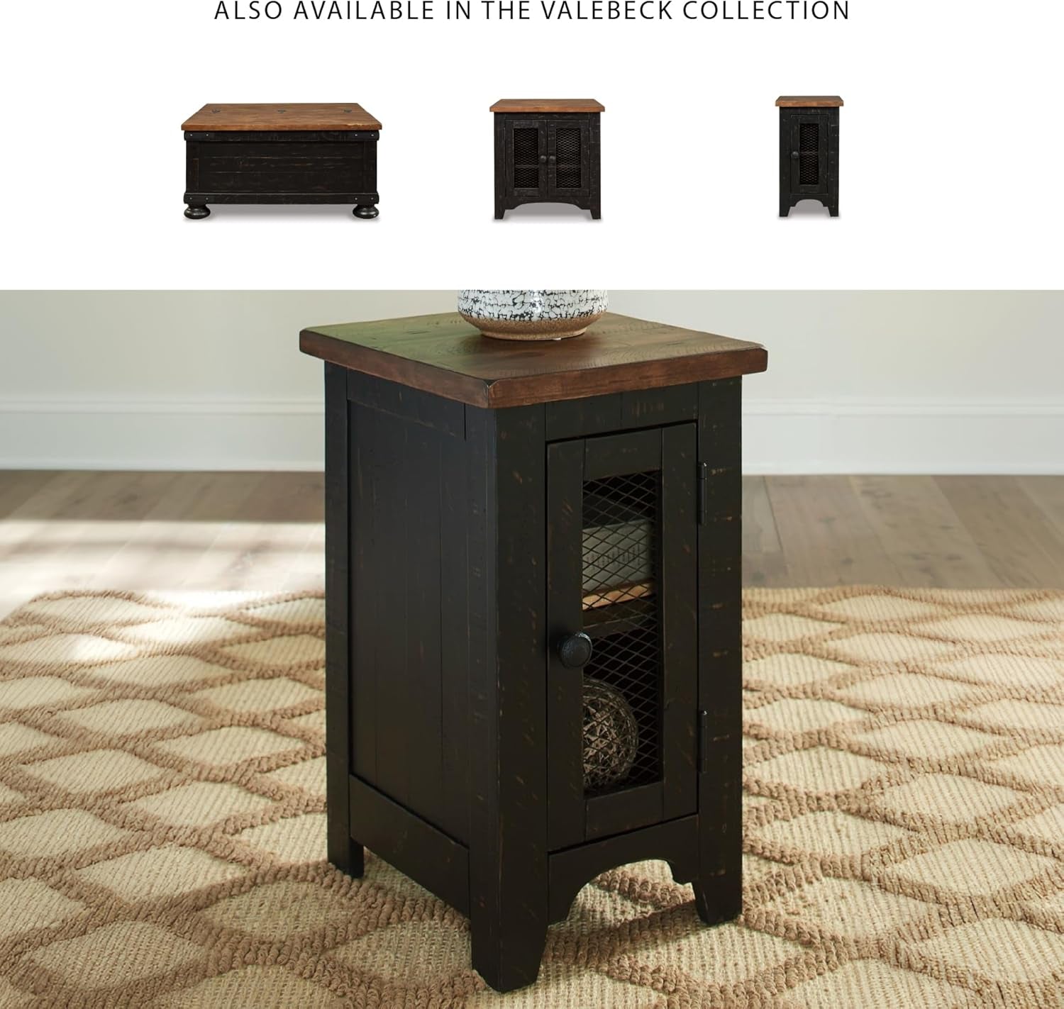 Signature Design by Ashley Valebeck Rustic Farmhouse Chair Side End Table with Cabinet Door, Distressed Black