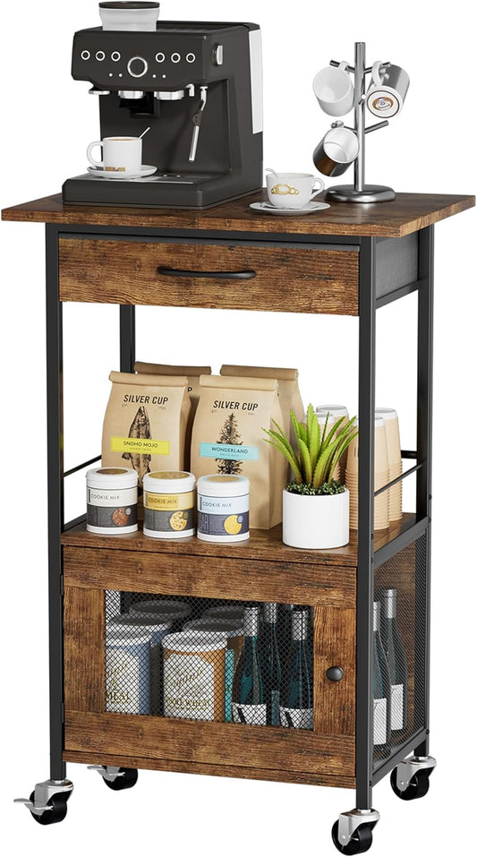 Buffets Coffee Bar Cabinet - Rolling Kitchen Rack, Farmhouse Small Coffee Stand with Storage Drawer and Door Cabinet - Kitchen Microwave Stand for Apartment, Living Room, Entryway, Espresso