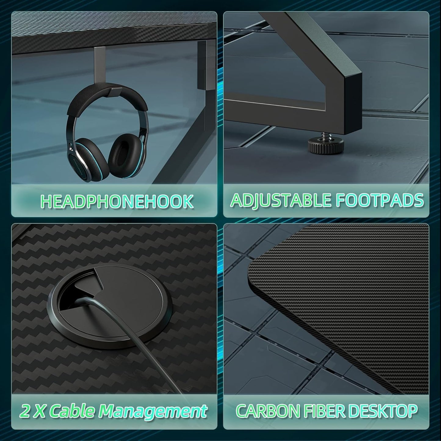 Gaming Desk with LED Lights, 40 Inch Computer Desk Z Shaped Gamer Workstation, Gaming Table with Carbon Fiber Surface, PC Gamer Desk, Black