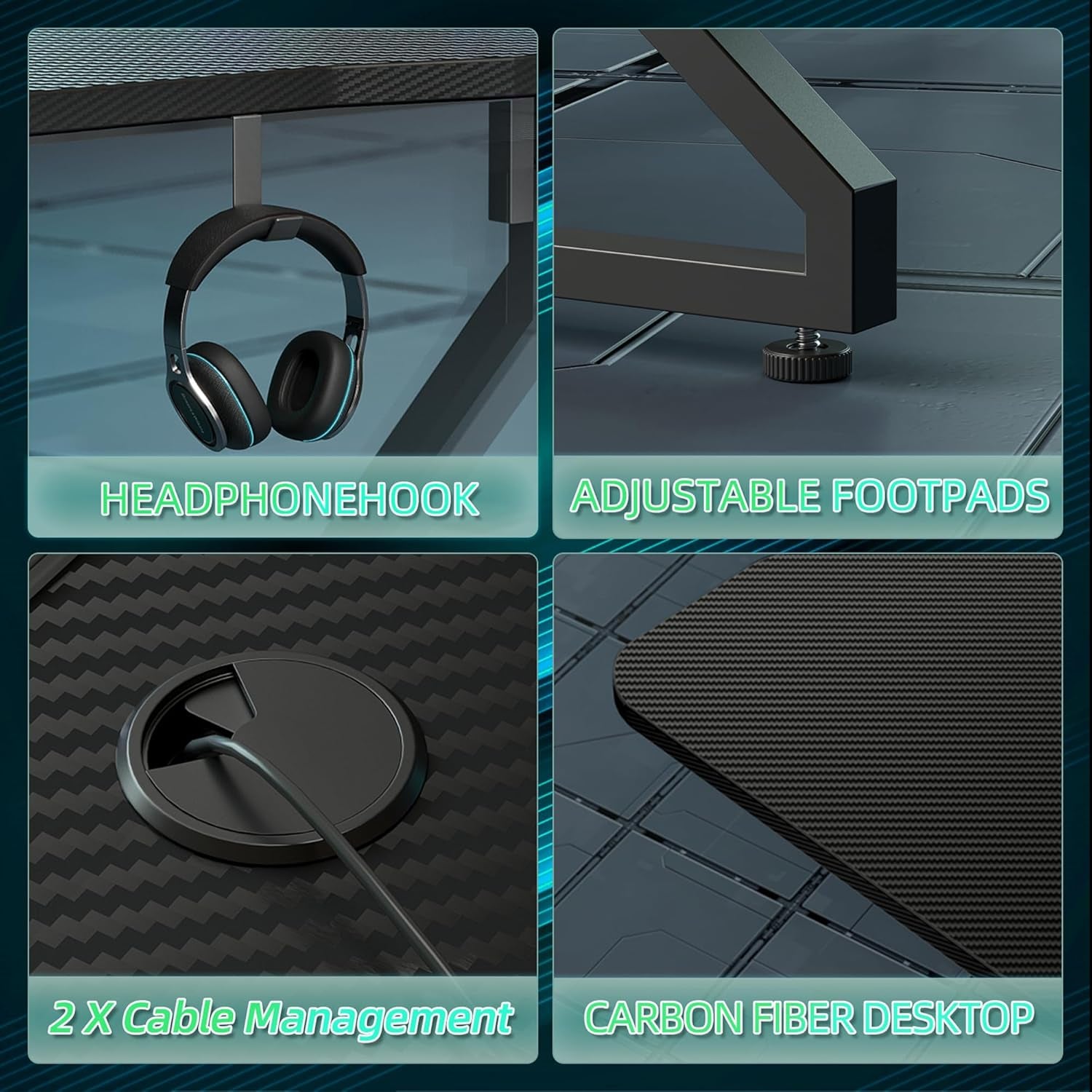 Gaming Desk with LED Lights, 40 Inch Computer Desk Z Shaped Gamer Workstation, Gaming Table with Carbon Fiber Surface, PC Gamer Desk, Black