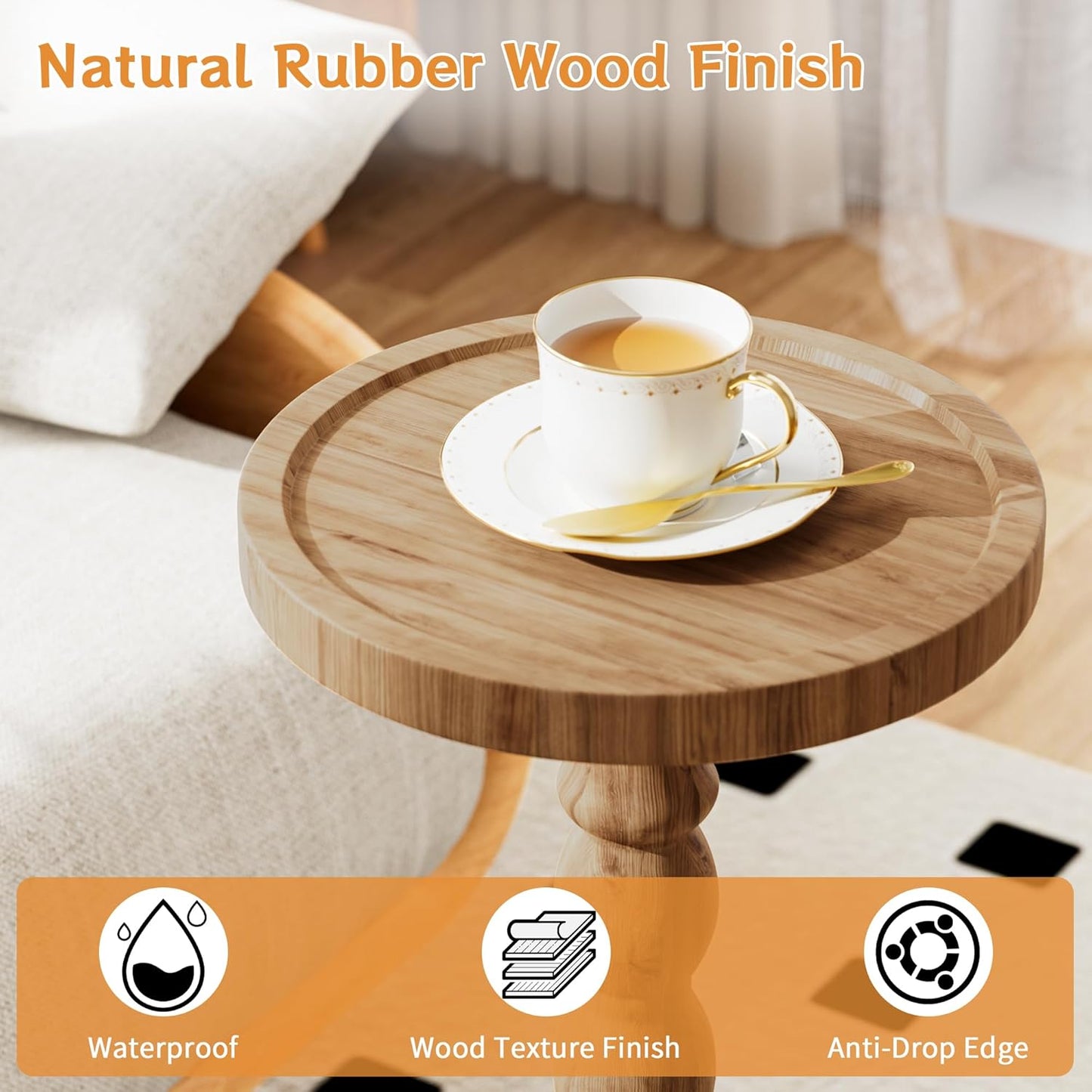 Small Side Table, Rubberwood‌ Drink Table for Small Spaces, Solid Wood Pedestal Coffee Tables, round End Tables for Living Room, Sofa Couch, Bedroom, Corners, and Office (Brown, 9.4 Inch)
