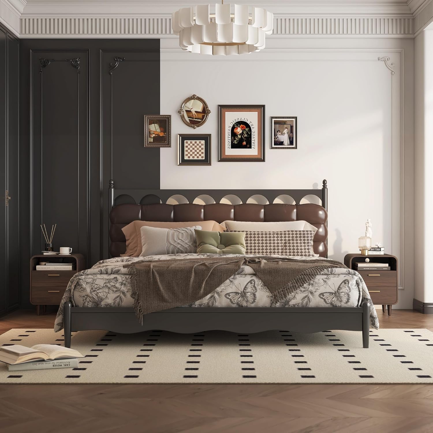 22.2'' Nightstands Set of 2 with Charging Station, Mid-Century Modern Bedside Table W/2 Drawers and Shelves, Side Table and End Table for Bedroom and Living Room, Curved Design(Walnut)