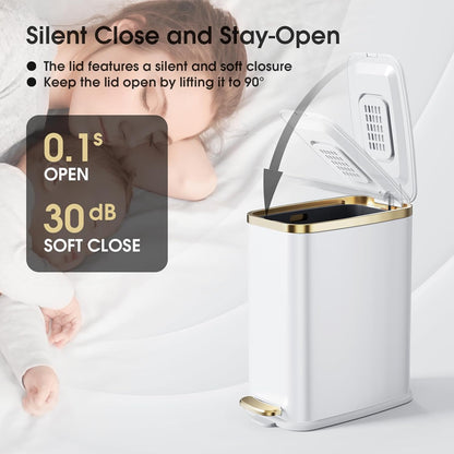 Small Bathroom Trash Can with Lid Soft Close-5L/1.3 Gal Stainless Steel Garbage Can-Step Pedal Wastebasket Slim Trash Bin for Office, Bedroom, Toilet, Live Room-White