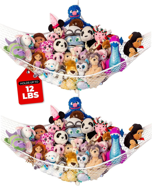 Stuffed Animal Hammock | Corner Hanging Organizer, Toy Storage, Stuffed Animal Storage Net | Made from Quality Fishing Net, Holds 12Lbs | 67"X47"X47" (White, 2 Pack)
