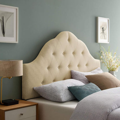 Sovereign Tufted Button Linen Fabric Upholstered Queen Headboard in Beige