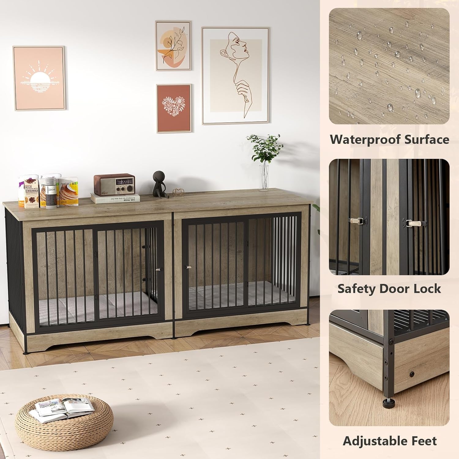 75 Inch Dog Crate Furniture for 2 Dogs, Wooden Dog Cage Furniture, Decorative Dog Kennels with Double Doors, Double Dog Kennel Furniture, Dog Crate TV Stand for Large Dogs, Grey