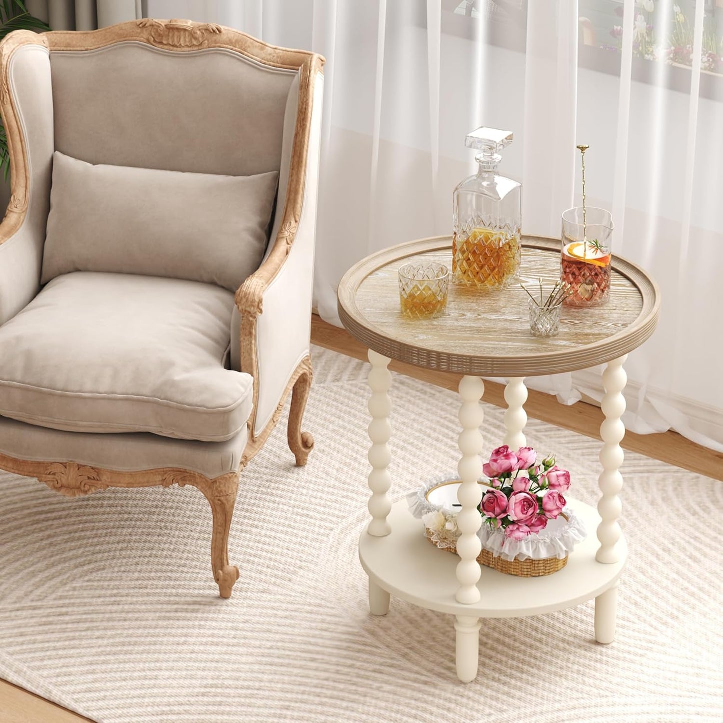 round End Table, Rustic Farmhouse Side Table with Storage Shelf, 2-Tier French Country Nightstand for Living Room Bedroom Small Space, Natural Tray Top and Vintage White Spindle Legs