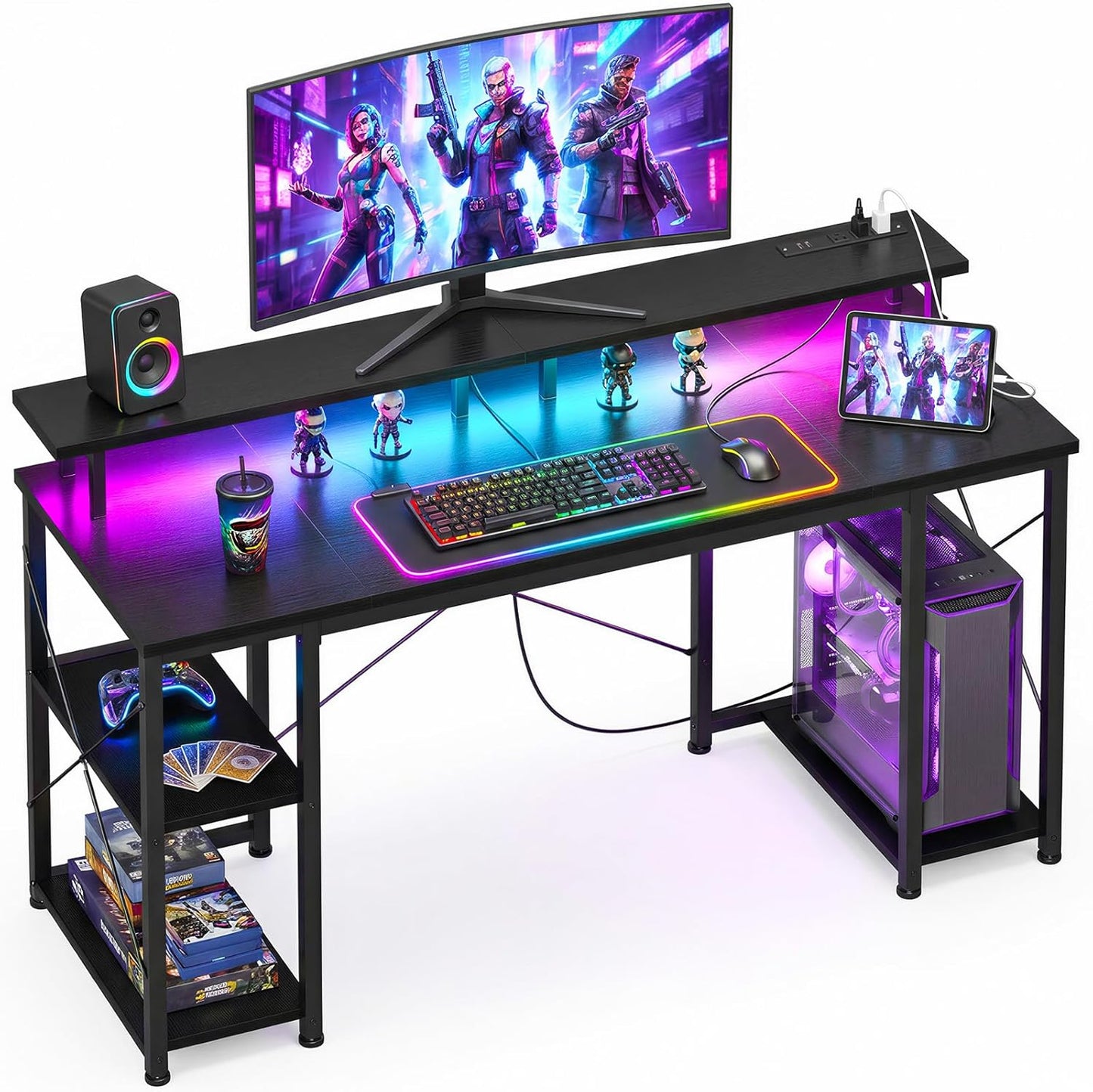 48 Inch Gaming Desk with LED Lights & Power Outlets, Computer Desk with Monitor Stand & Storage Shelves, CPU Stand, Home Office Desk, Black