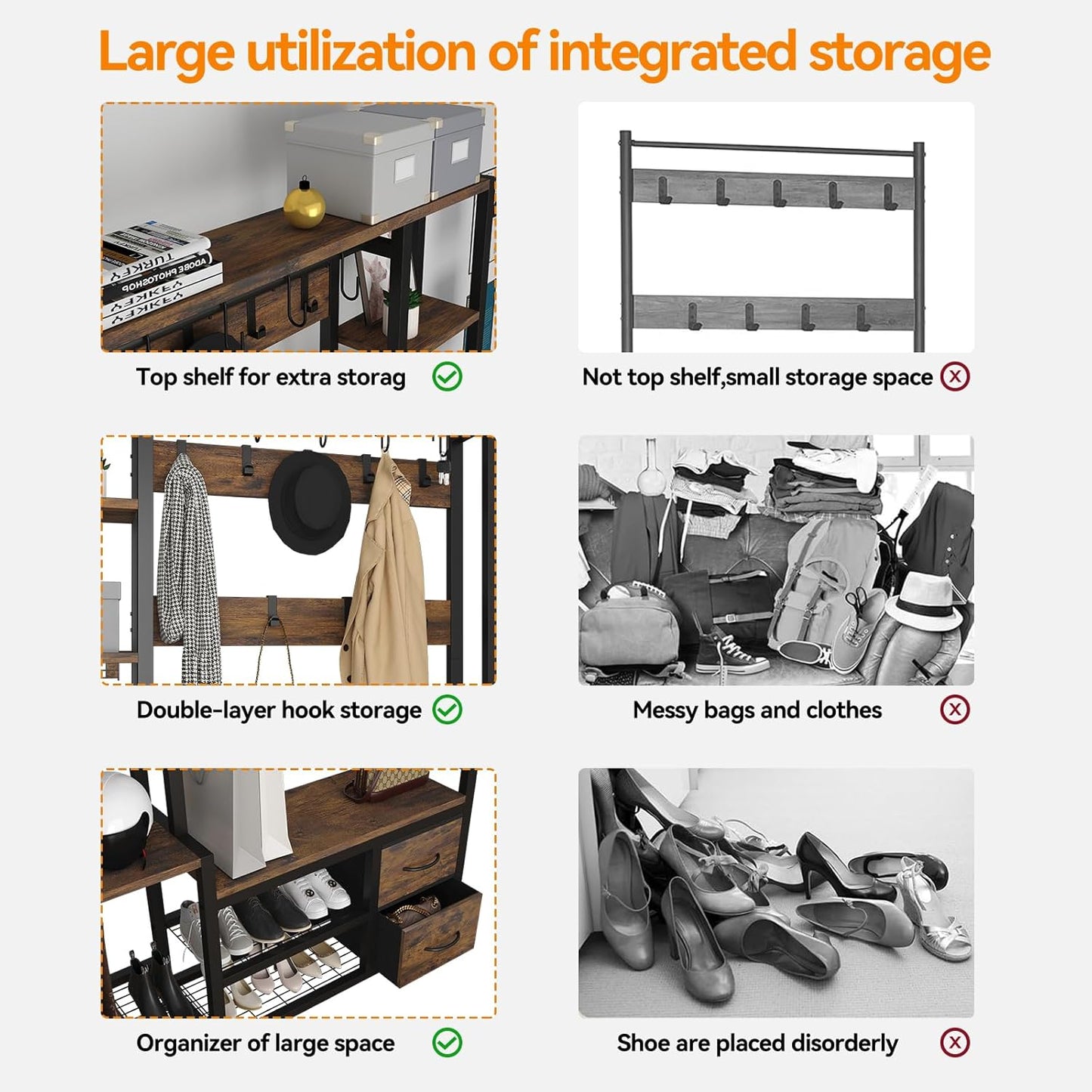 Hall Tree for Entryway 43", Bench with Shoe Storage, Large Coat Rack Shoe Bench with 5 Tier Shelves, 5 in 1 Design Front Door Shoe Rack and Wall Rack Hooks, and 2 Drawers (Rustic Brown)