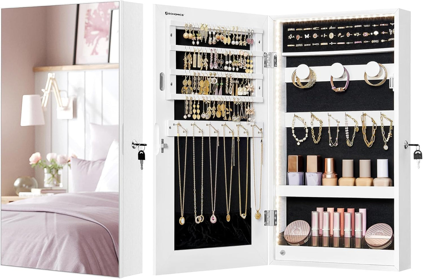Mirror Jewelry Cabinet Armoire with Built-In LED Lights, Wall or Door Mounted Jewelry Storage Organizer, 3.8 X 14.6 X 26.4 Inches Hanging Mirror Cabinet, Gift Idea, White UJJC050W01