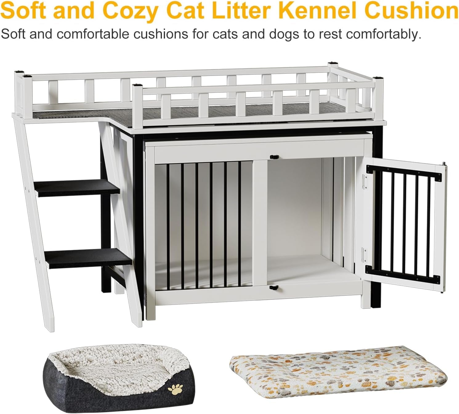 Dog Crate Furniture, Pet Bunk Bed with Stairs and Storage, Dogs/Cats Window Perch, with Multi-Purpose Blanket and Fluffy Dog Bed for Small Medium Size