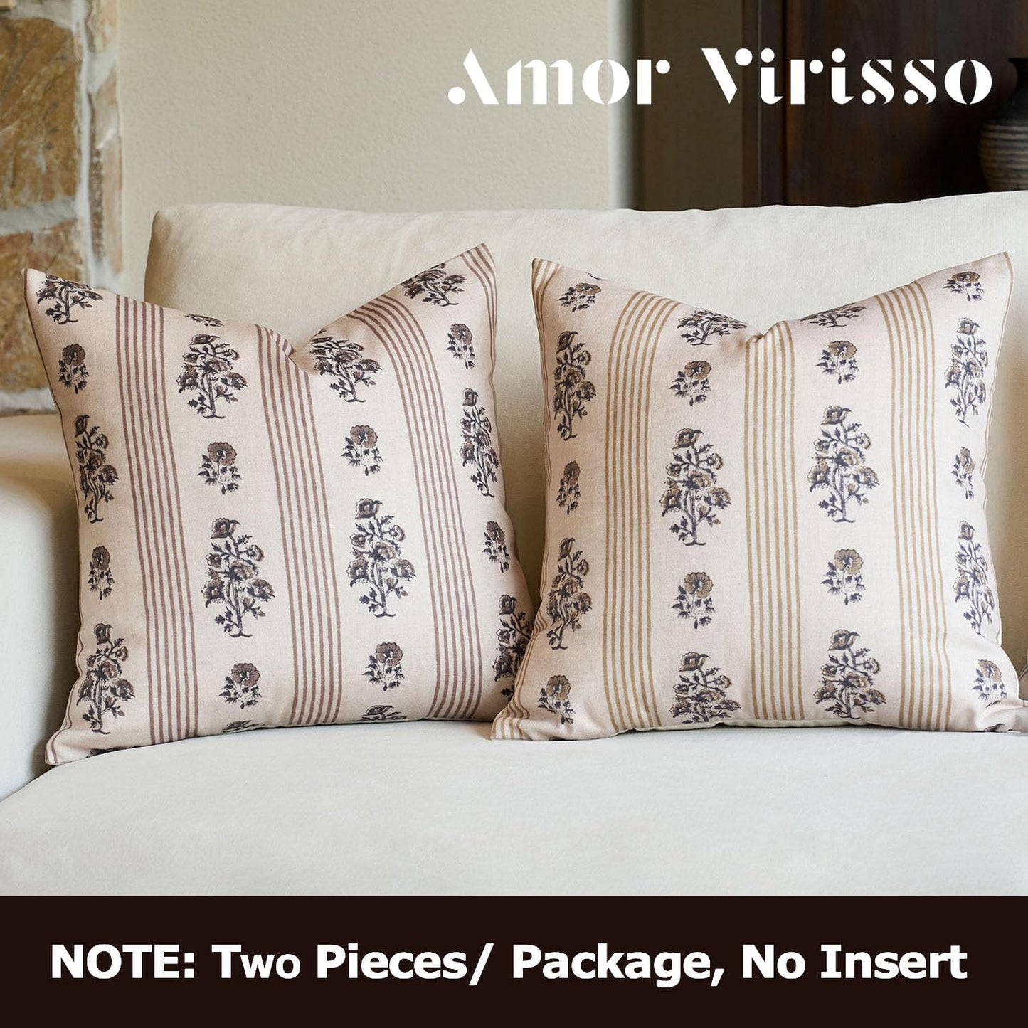 Floral Throw Pillow Covers 18X18 Set of 2 Block Print Pillow Covers Neutral Floral Striped Farmhouse Decorative Pillow Covers for Sofa Couch Bed, Brown