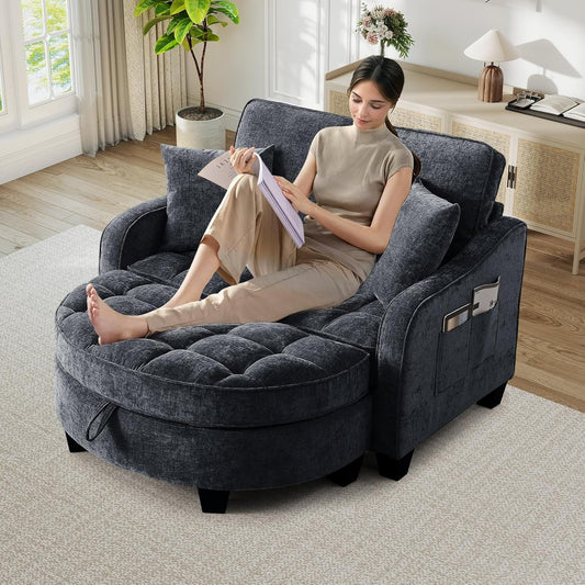 Chaise Lounge Chair Indoor, Chenille Oversized Sofa Chair with Storage Ottoman & Adjustable Backrest, Fluffy Loveseat Sofa, Comfy Convertible Sleeper Couch Bed for Living Room, Bedroom(Blue)