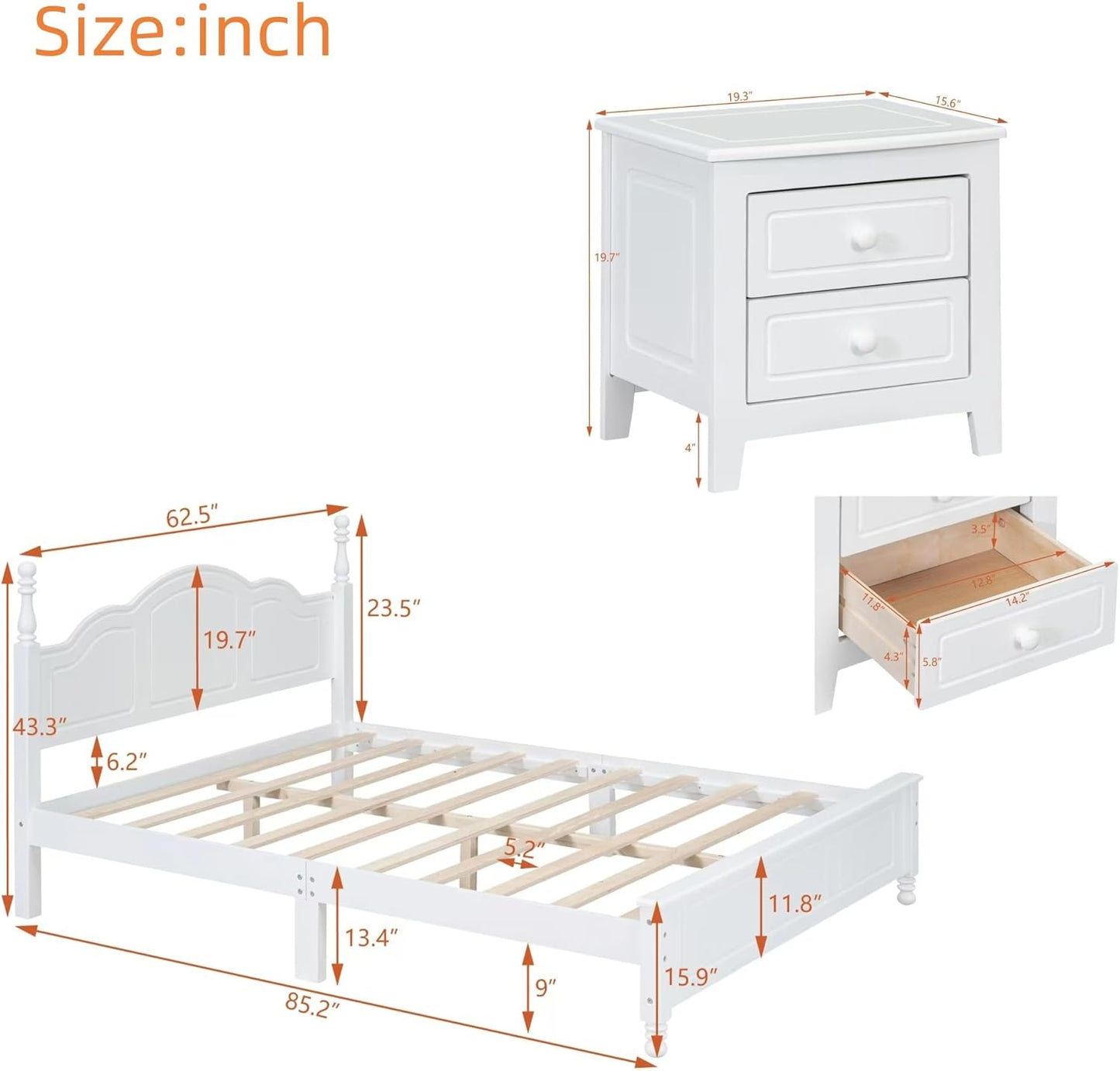 Bedroom Set Furniture, 3-Pieces Bedroom Sets, Queen Size Wood Platform Bed and 2 Nightstands, White