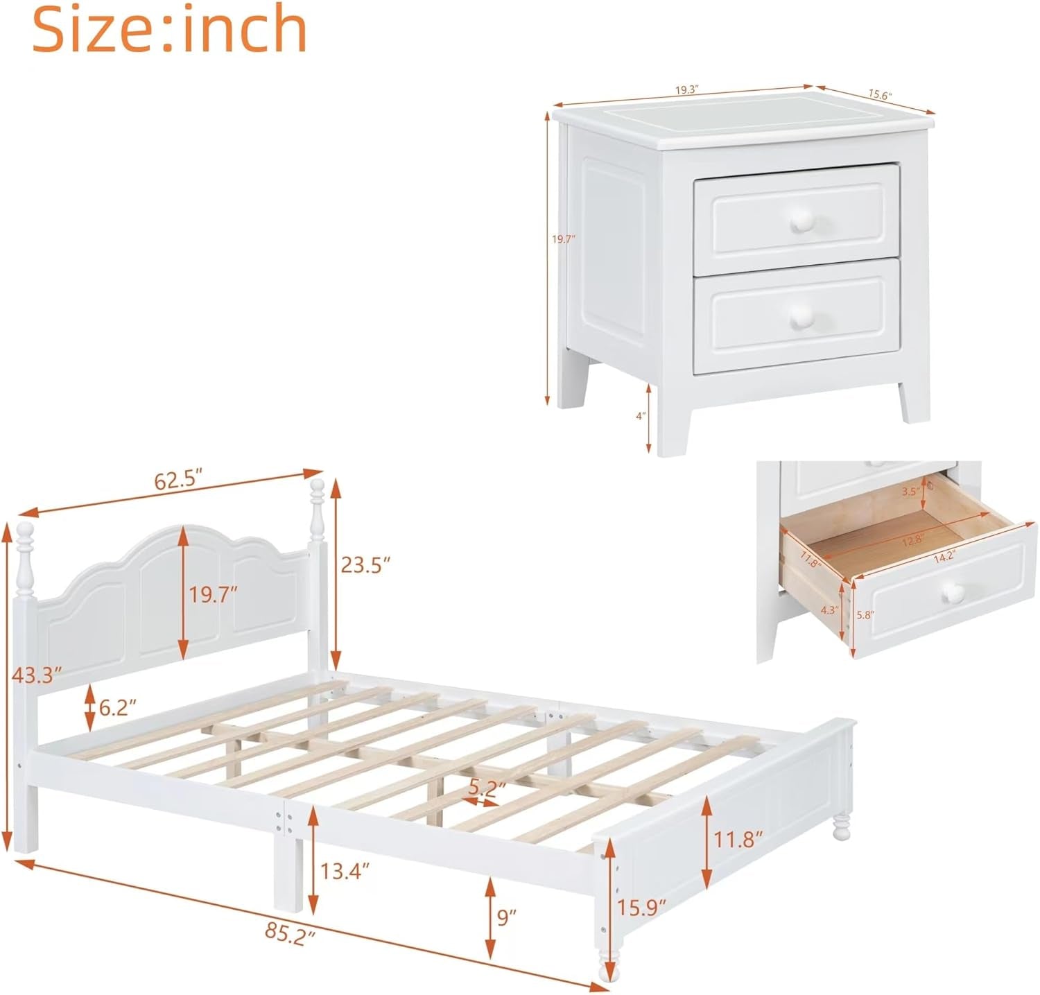 Bedroom Set Furniture, 3-Pieces Bedroom Sets, Queen Size Wood Platform Bed and 2 Nightstands, White