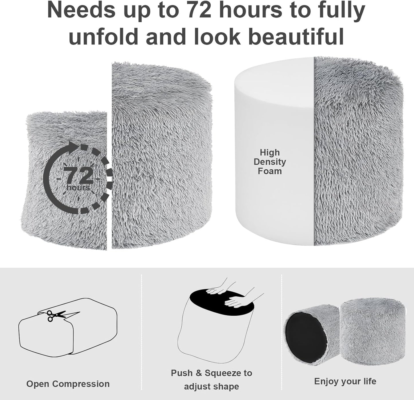 round Pouf Ottoman Foot Rest, 20 X 15 Small Faux Fur Stuffed Pouf for Chair, Foam Filled Foot Stools Ottomans for Living Room, Grey