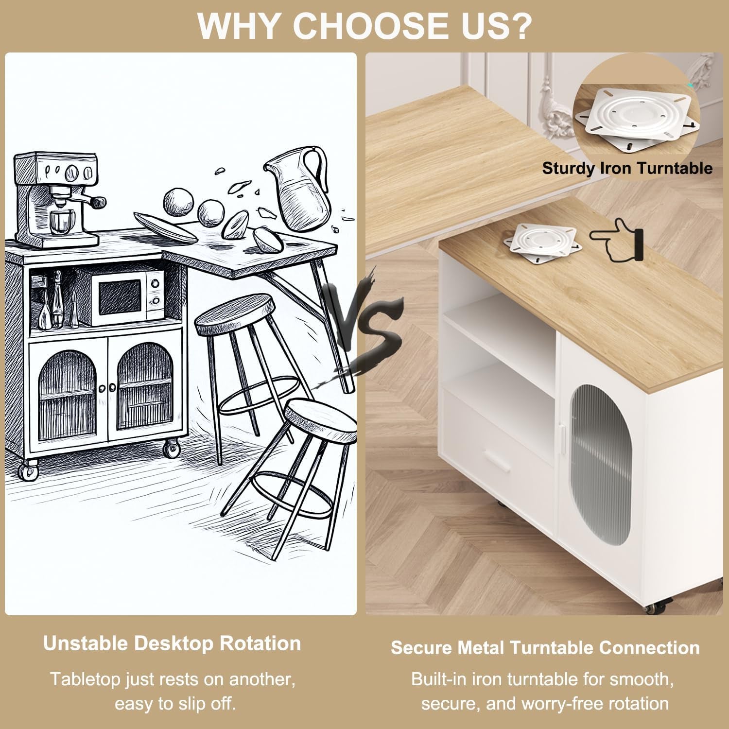 72.4” Rolling Kitchen Island with Swivel Table, Storage Cabinet, Drawers & Shelves, White Modern Mobile Island Cart on Wheels, Farmhouse Wood Island Table for Kitchen, Dining Room, Home Bar