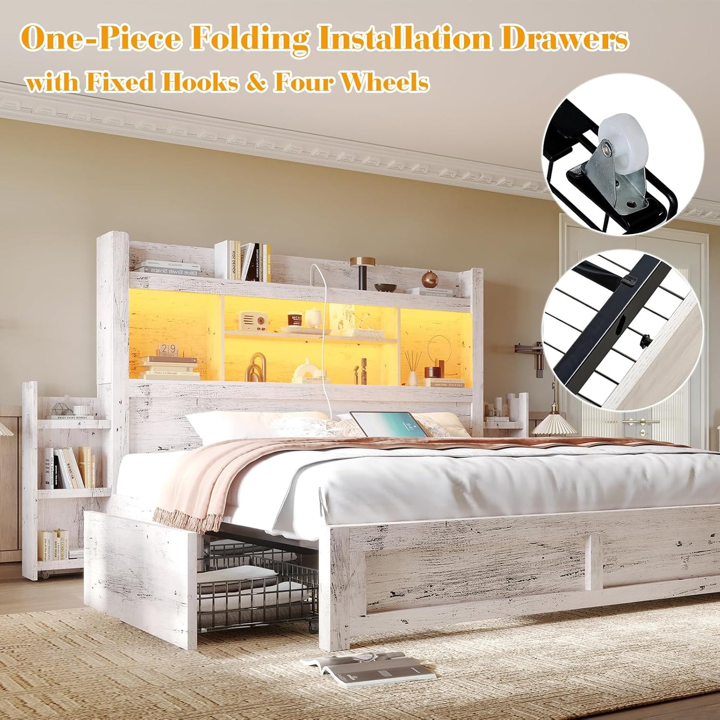 King Bed Frame with 49.6" Bookcase Headboard & 2 Bedside Stoage Racks & 4 Drawers, Farmhouse Wood Bed Frame with RGB LED & Charging Station, No Box Spring Needed, Distressed White