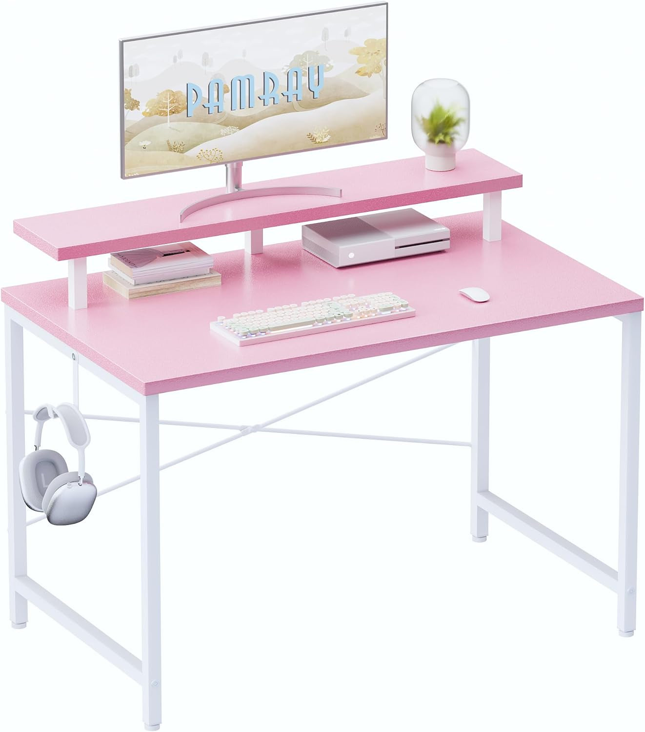 32 Inch Small Computer Desk with Monitor Stand, Simple Office Desk with Headphone Hook for Small Spaces, Kids Study Writing Table for Bedroom, Pink