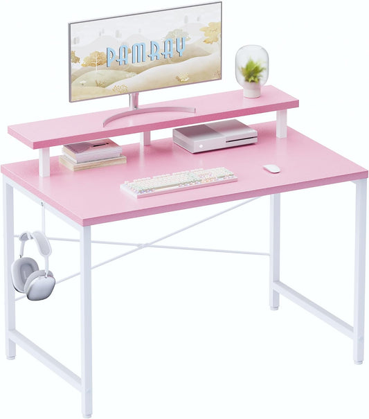 32 Inch Small Computer Desk with Monitor Stand, Simple Office Desk with Headphone Hook for Small Spaces, Kids Study Writing Table for Bedroom, Pink