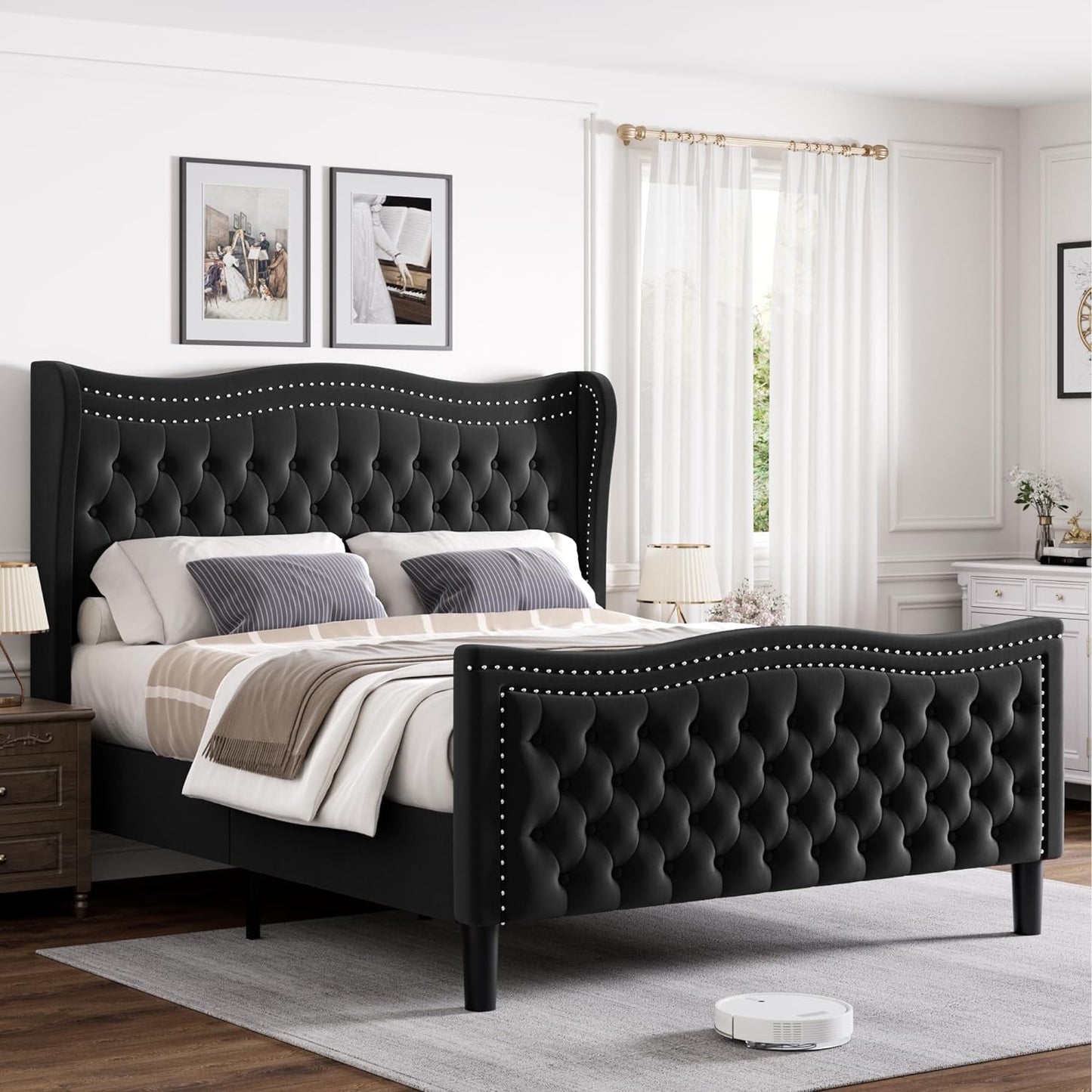 Queen Bed Frame with Tall Headboard & Footboard, Velvet Upholstered Platform Bed Frame with Deep Button Tufted Wingback, No Box Spring Needed, Noise Free, Black