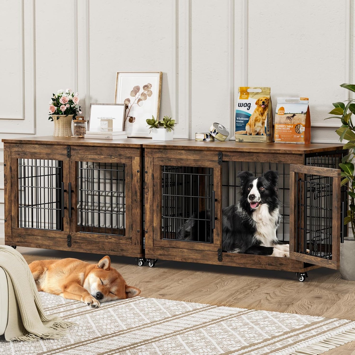 Dog Crate Furniture with Cushion Set of 2, Large Wooden Dog Kennel Indoor with Double Doors, Dog Cage with Wheels, Dog House Side End Table for Large Medium Dogs up to 70 Lb, 38.5” L, Rustic Brown