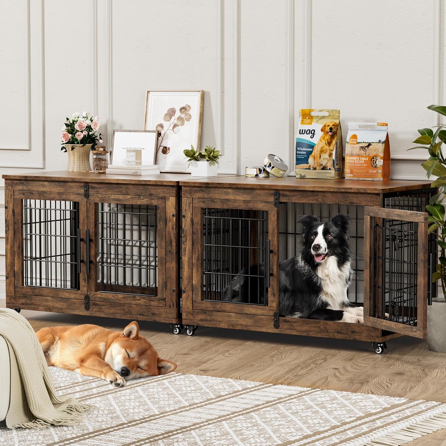 Dog Crate Furniture with Cushion Set of 2, Large Wooden Dog Kennel Indoor with Double Doors, Dog Cage with Wheels, Dog House Side End Table for Large Medium Dogs up to 70 Lb, 38.5” L, Rustic Brown