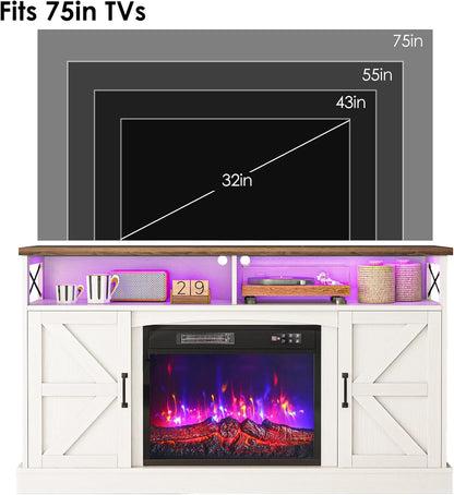 TV Stand with Fireplace, 59In Entertainment Center with LED Lights, for 65 Inch Tvs, with Opening Shelves and Storage Cabinets, for Living Room, White