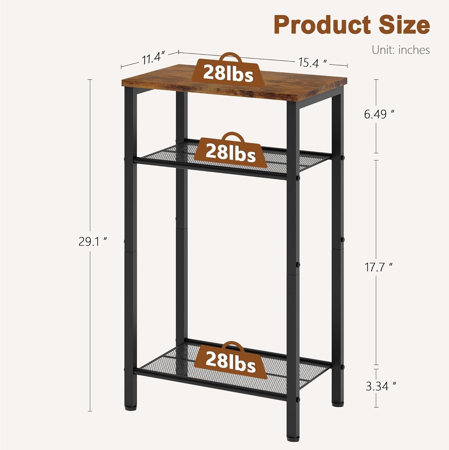 3 Tier End Table, Telephone Table, Narrow Side Table with Storage, Nightstand for Small Spaces, Metal Frame, for Living Room, Bedroom, Sofa Couch, Hall, Easy Assembly, Rustic Brown