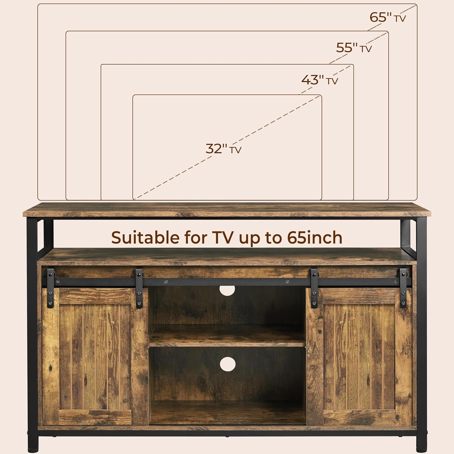 TV Stand for 65 Inch TV, Farmhouse Entertainment Center with Storage, Wood Tall TV Stands for Living Room with Sliding Barn Doors, Rustic Brown