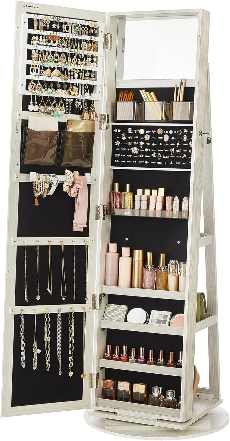 360° Swivel Jewelry Cabinet, Lockable Jewelry Organizer with Full-Length Mirror, Rear Storage Shelves, Interior Mirror, Jewelry Armoire, Gift Idea, Rustic Brown UJJC006X01