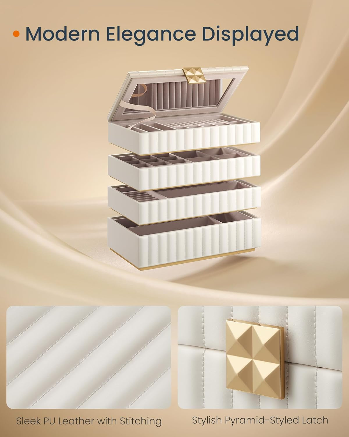 HOME Stackable Jewelry Box with Mirror, 4-Tier Jewelry Storage Organizer, PU Surface with Stitching, Floating Effect, 6.7 X 11 X 8 Inches, Cloud White, ANAH Collection UJBC181W01