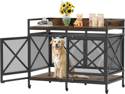Large Dog Crate Furniture, 48 Inch Wooden Dog Kennel for Xlarge Dogs, Heavy Duty Dogs Furniture Indoor Wire Dog Cage with Caster Wheels, Decorative Pet House End Table, Brown