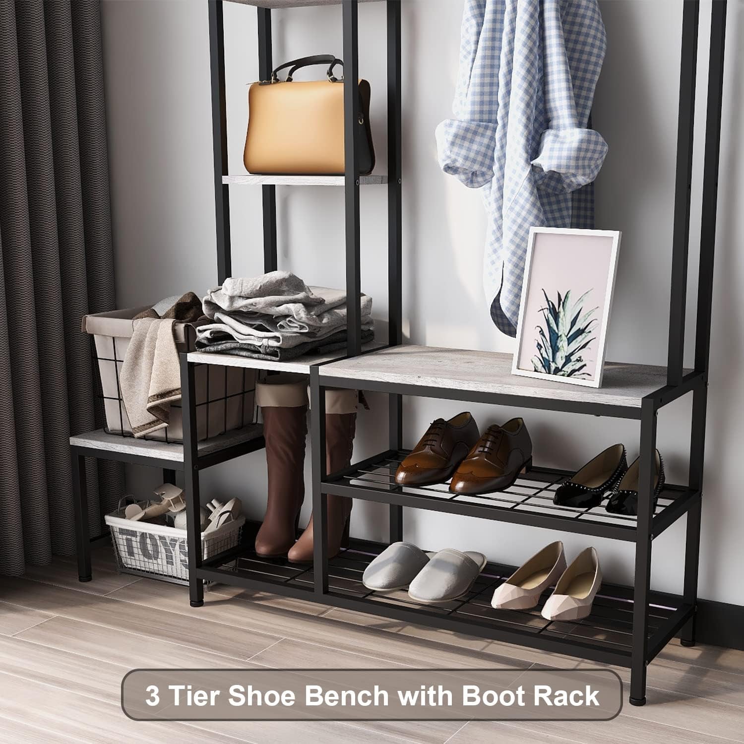 Hall Tree with Shoe Storage Bench Coat Rack with 7 Hooks Interchangeable 4 Tier Side Storage Shelves Small Cute Side Bench Industrial 5-In-1 Entryway Coat Rack for Hallway Mudroom Bedroom