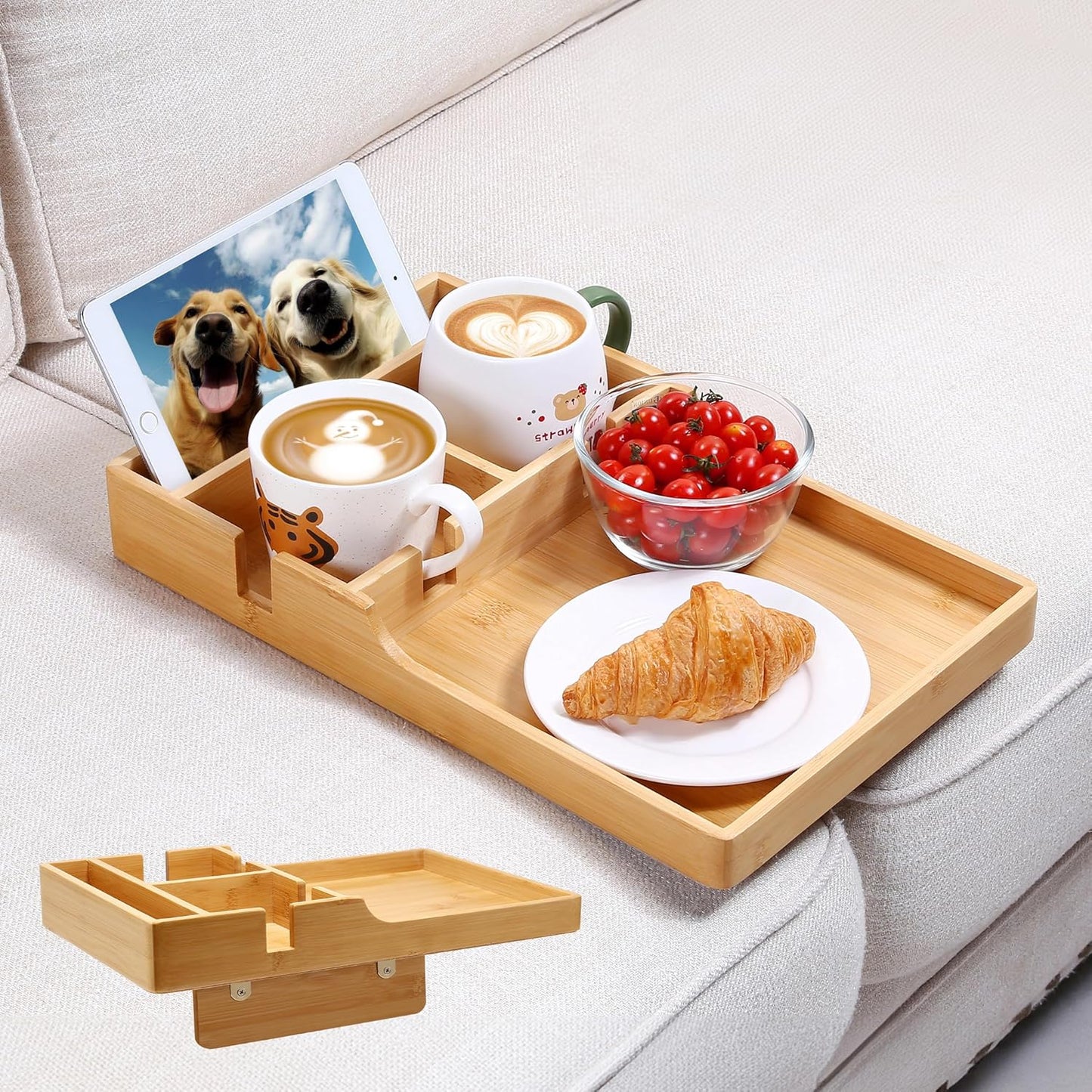 Couch Tray, 2-In-1 Insert & Flat Sofa Organizer Bamboo with 2 Cup Holders,Fits Seat Gaps or Ottomans,For Snacks, Drinks, Remotes,15.35X9.84-Inch